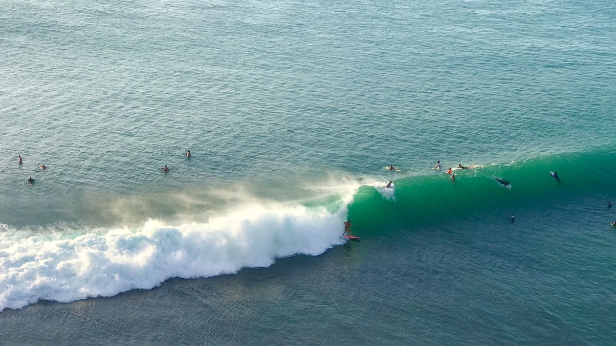 Surfers paddling out together for a morning session off the Moroccan coast