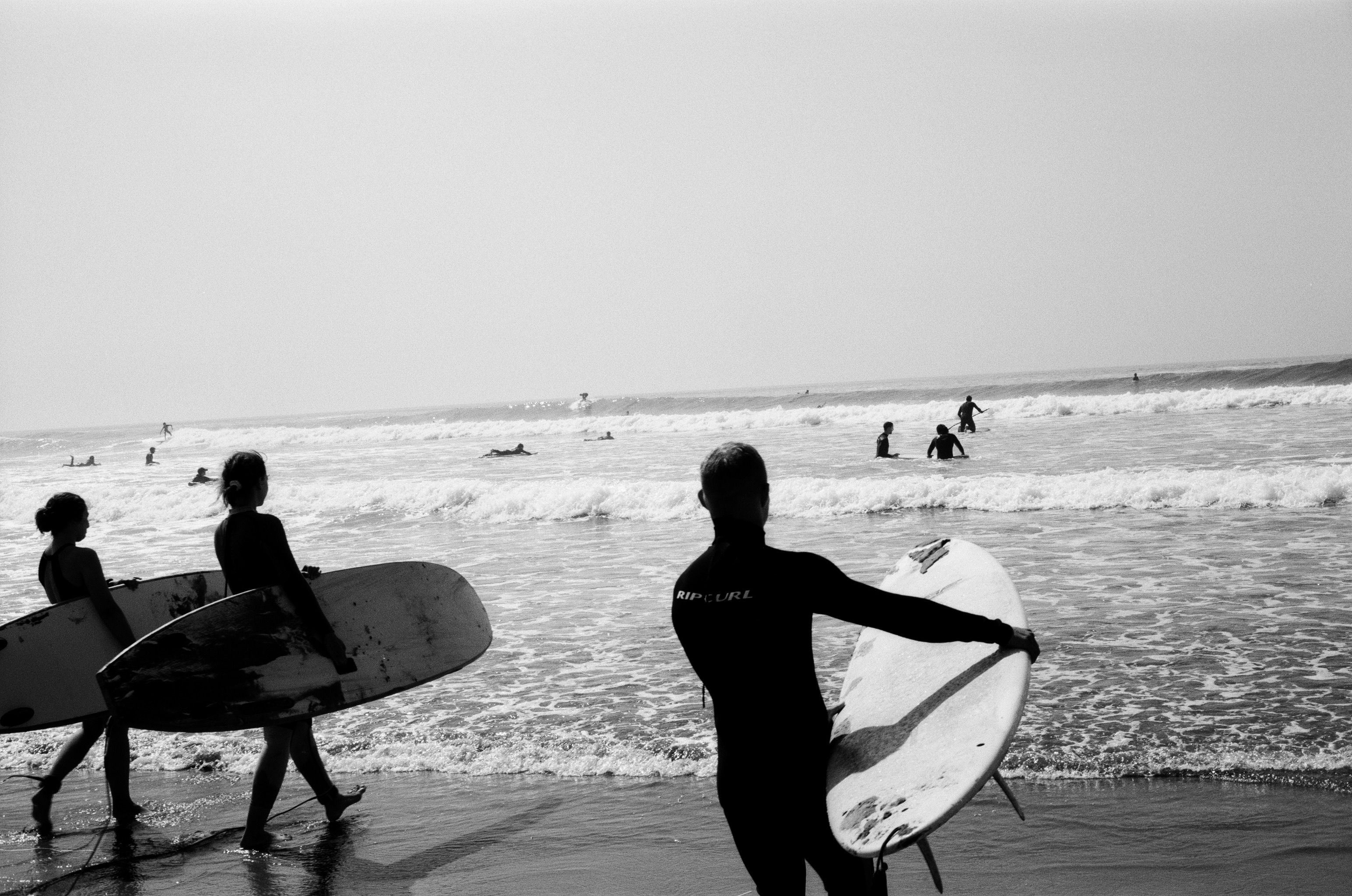 Surfers walking along the beach carrying boards