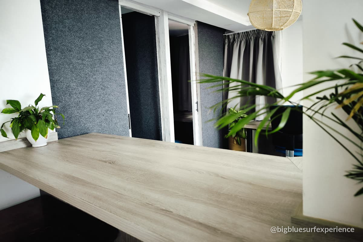 Long shared desk and acoustic call booths at BigBlue Coworking Space Taghazout