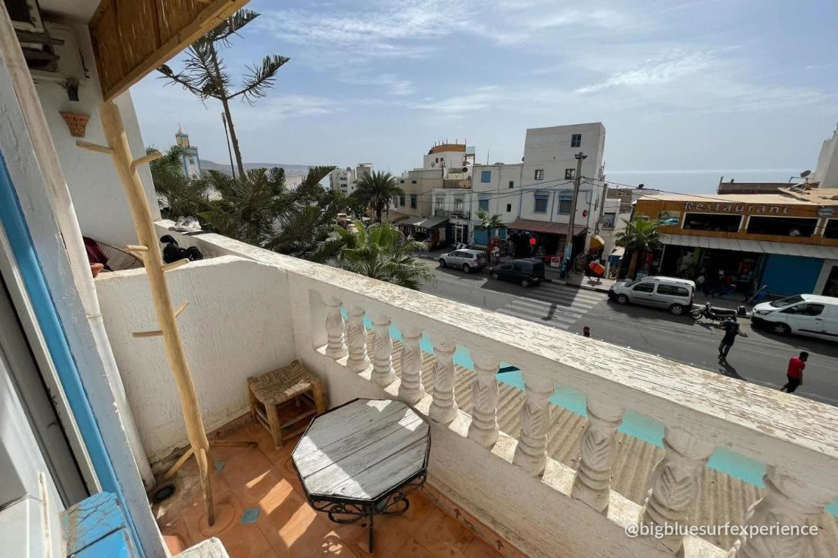 Balcony overlooking Taghazout main street and the ocean